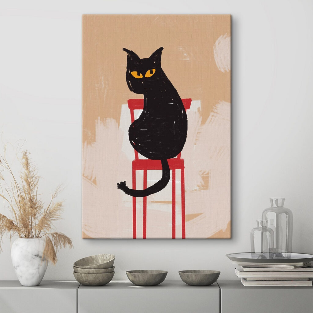 Black cat sitting on a red chair Black cat sitting on a red chair