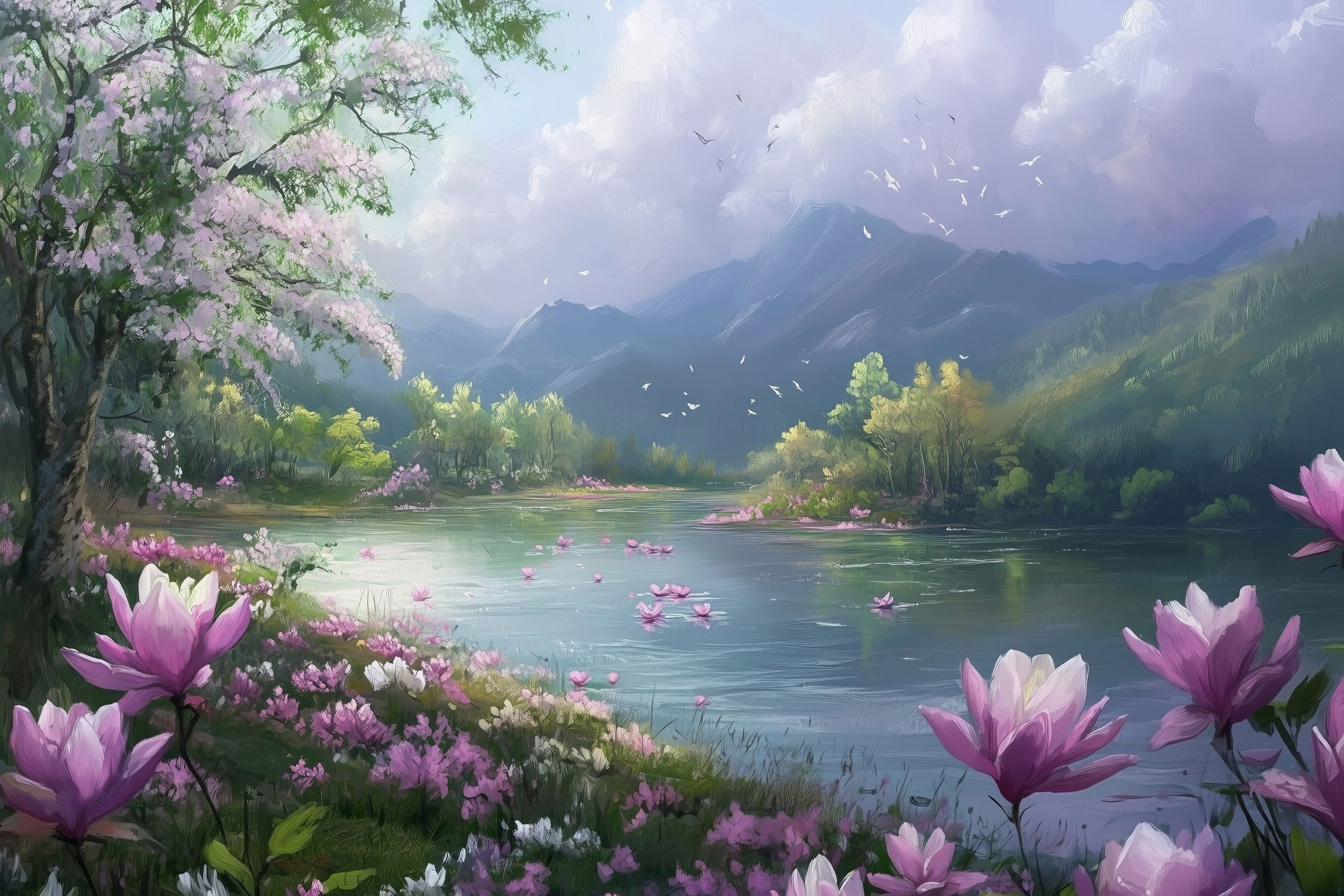 River with flowers and mountains in the background
