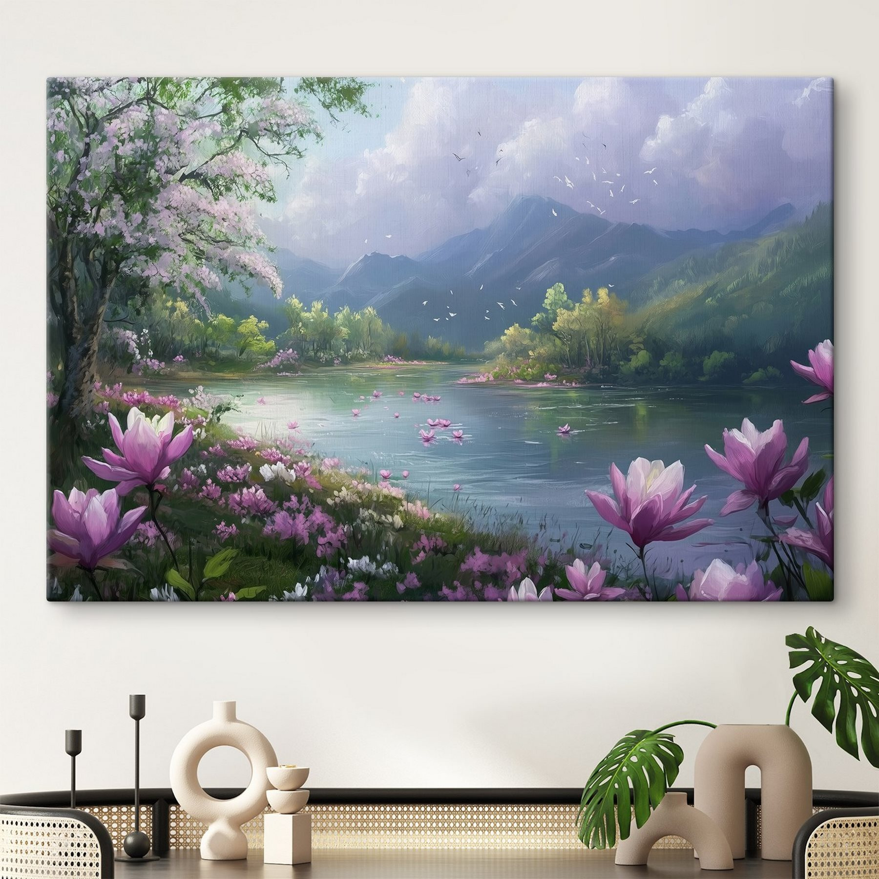 River with flowers and mountains in the background