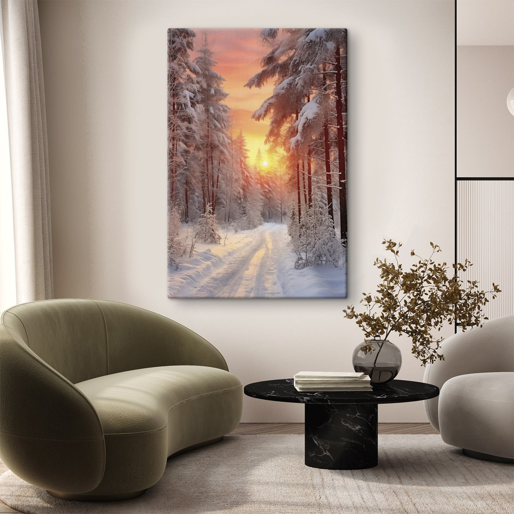 Snow covered road in a forest