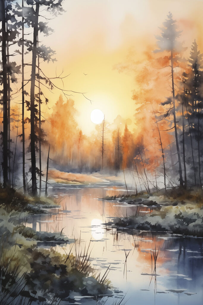 Watercolor painting of a river with trees and plants