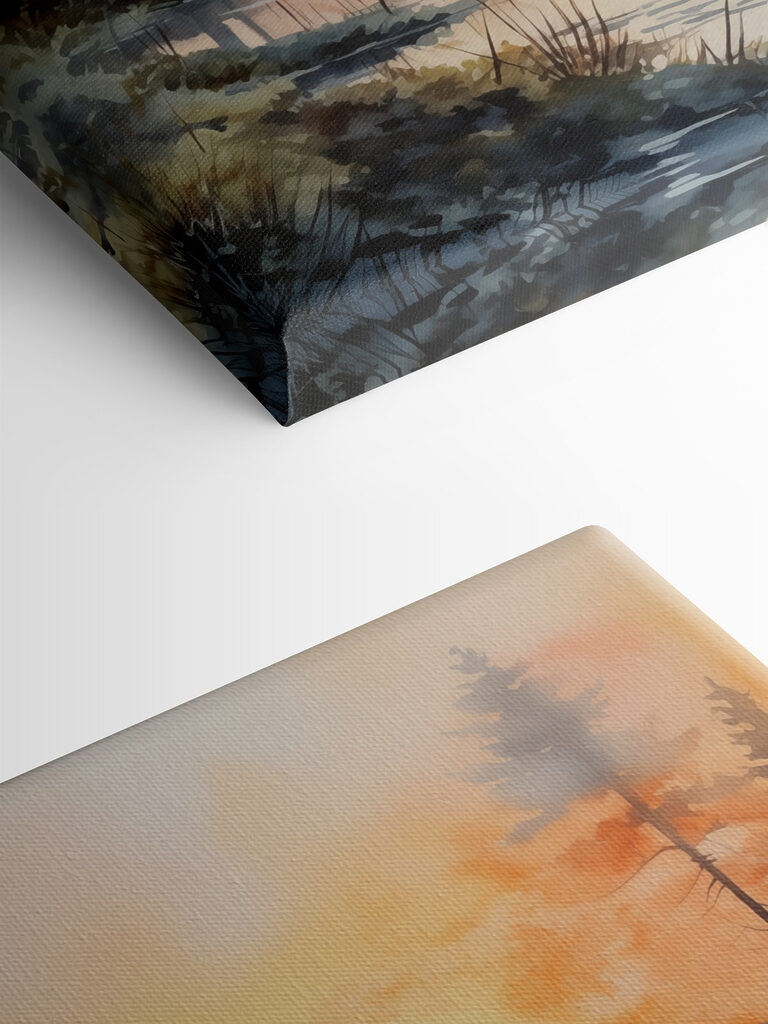 Watercolor painting of a river with trees and plants