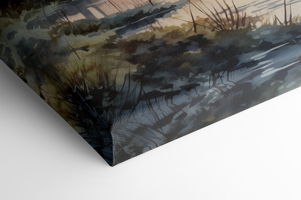 Watercolor painting of a river with trees and plants