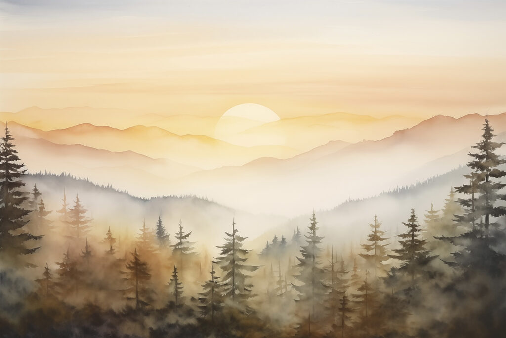 Watercolor painting of a forest and mountains