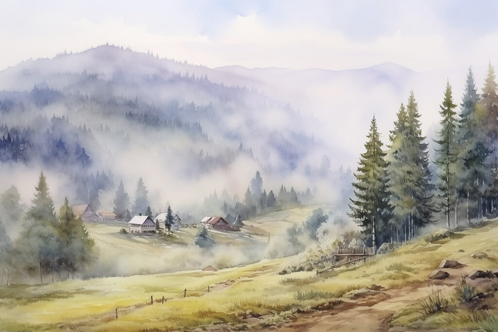 Watercolor painting of a village in the mountains