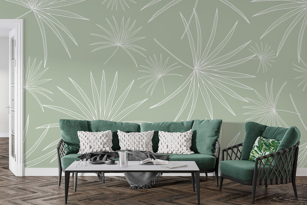 Pattern of white leaves on a green background