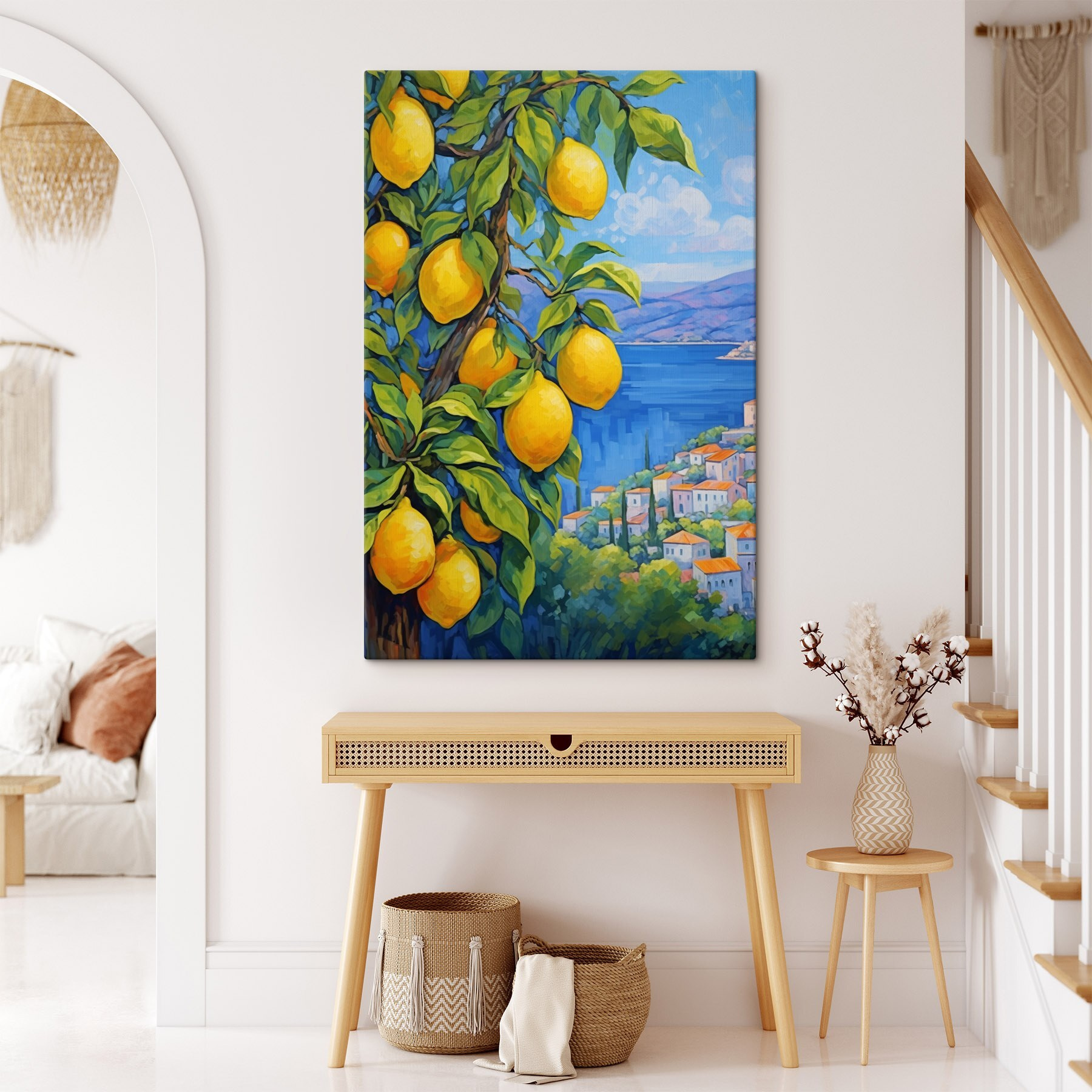 Painting of a lemon tree with a city in the background