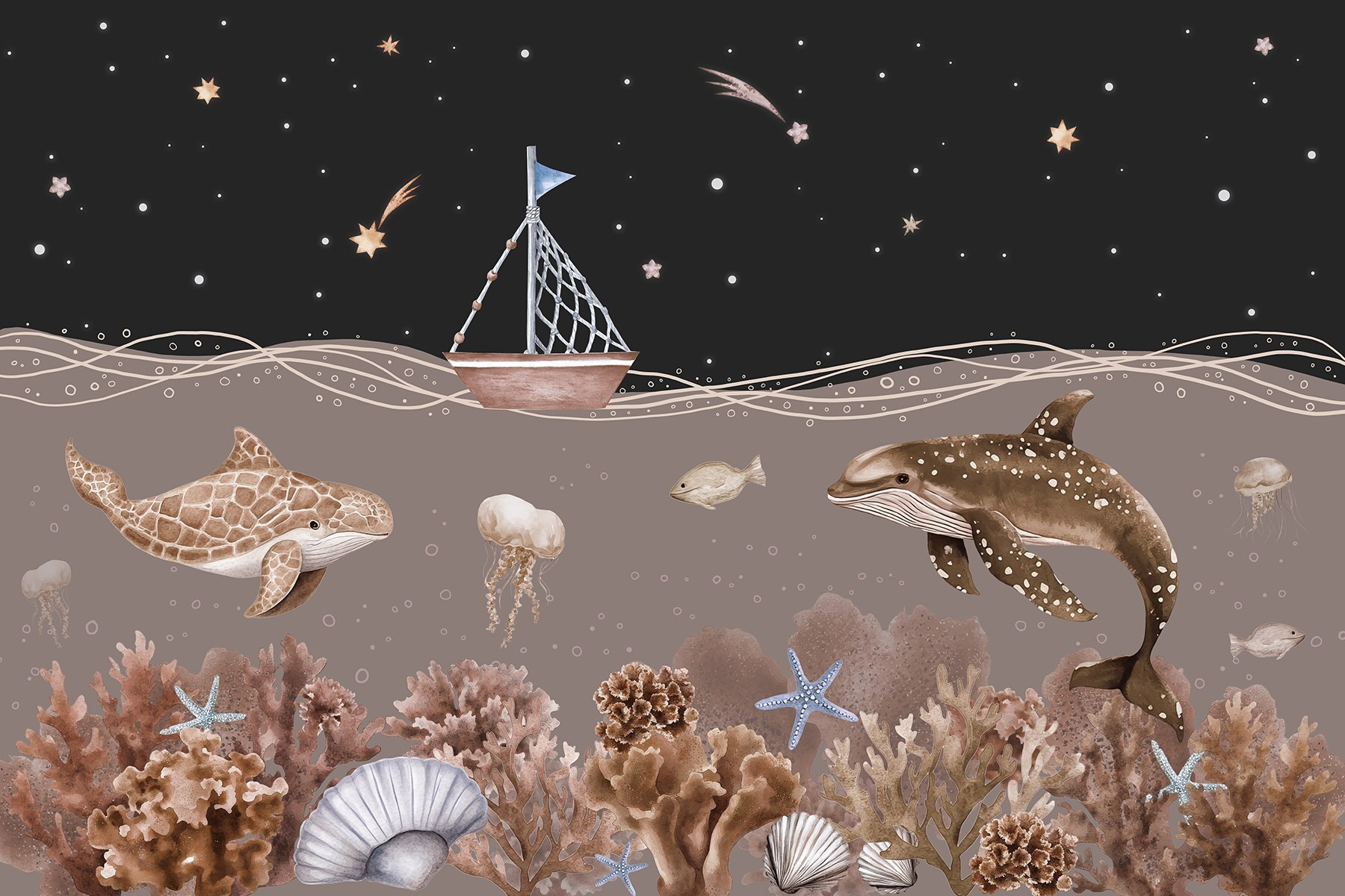 Sea life with a boat and a whale Sea life with a boat and a whale