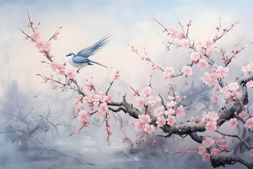 Bird on a branch with pink flowers