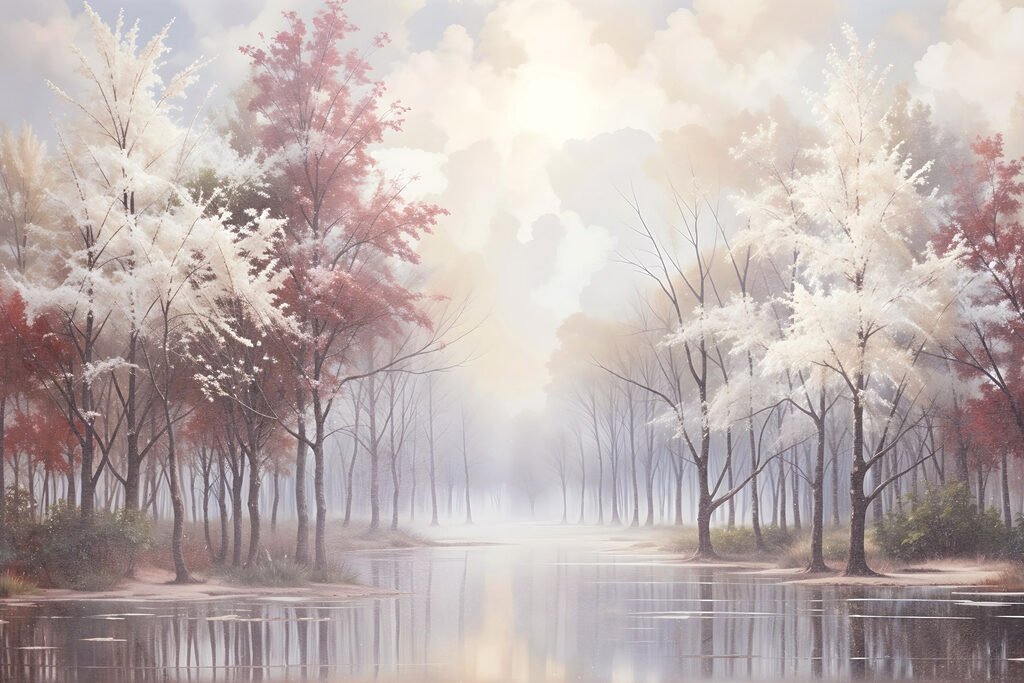 Water body with trees and a cloudy sky