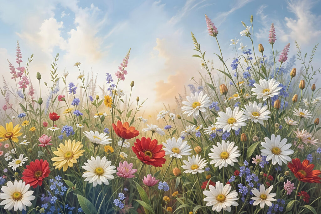 Field of flowers with blue sky and clouds