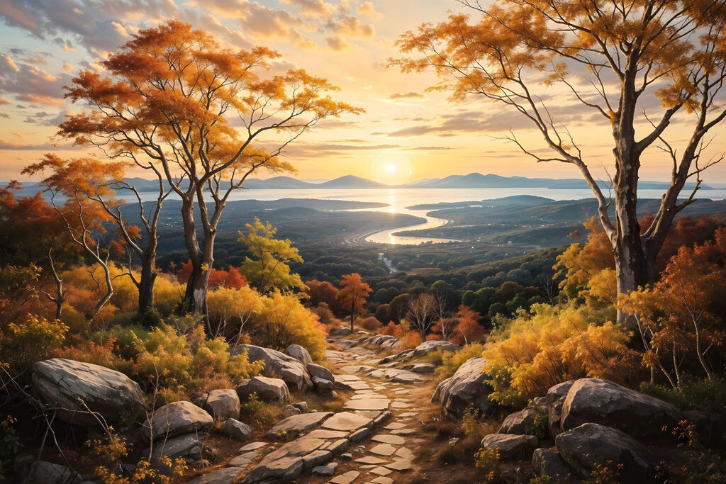 Path through a valley with trees and a river