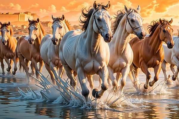 Group of horses running through water