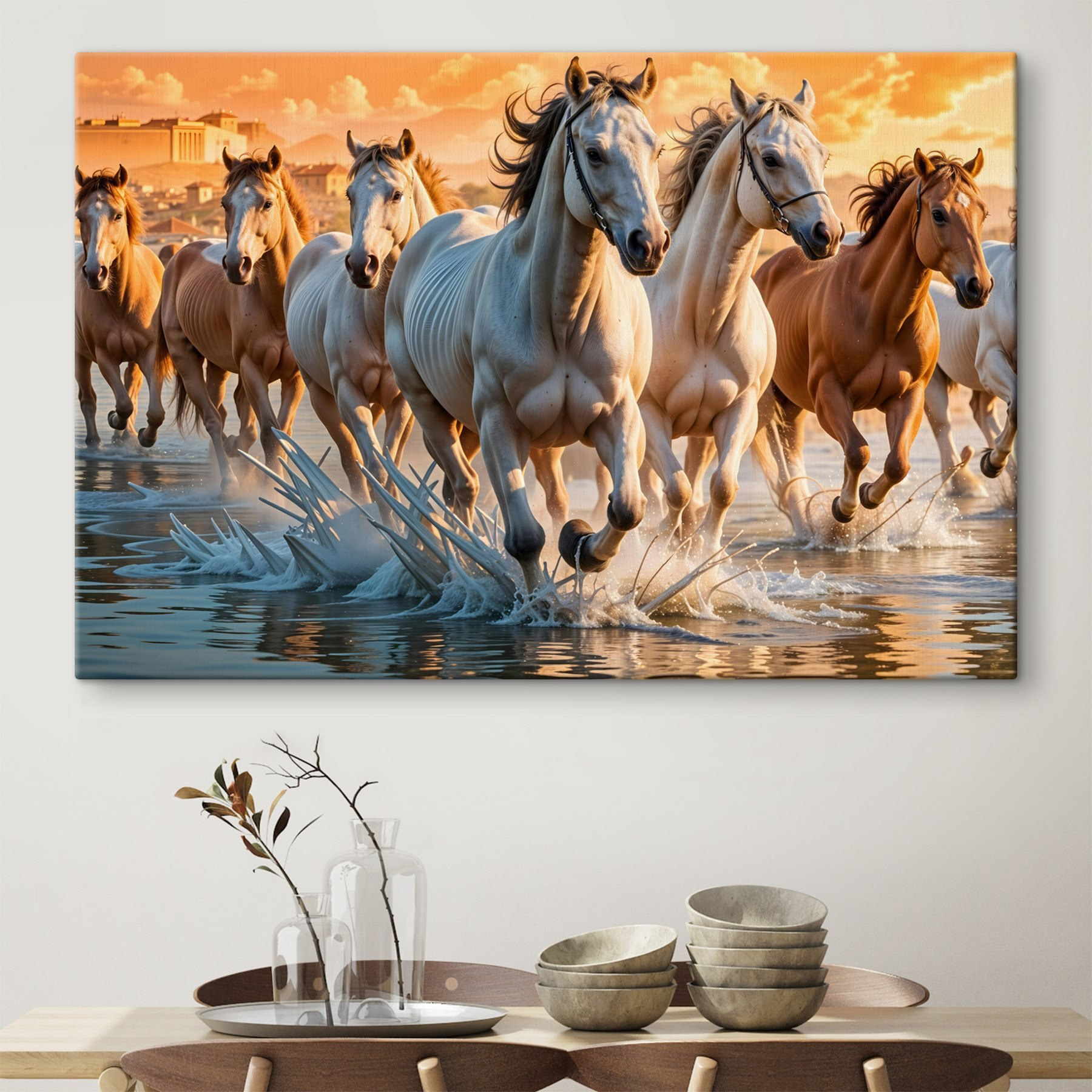 Group of horses running through water