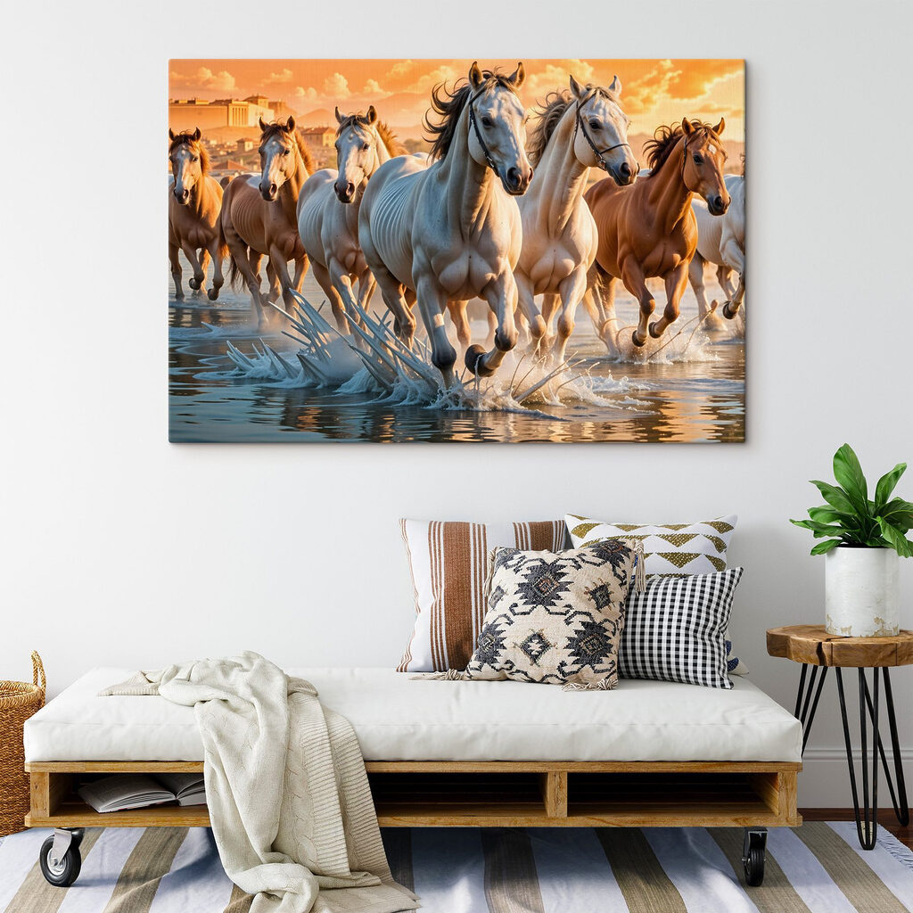 Group of horses running through water