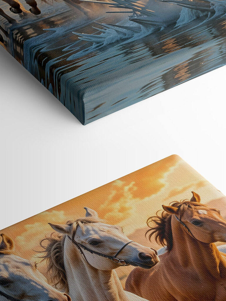 Group of horses running through water