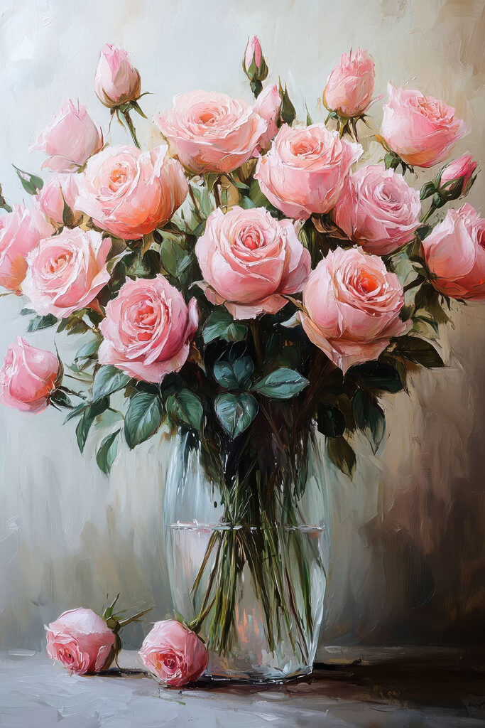 Painting of pink roses in a vase