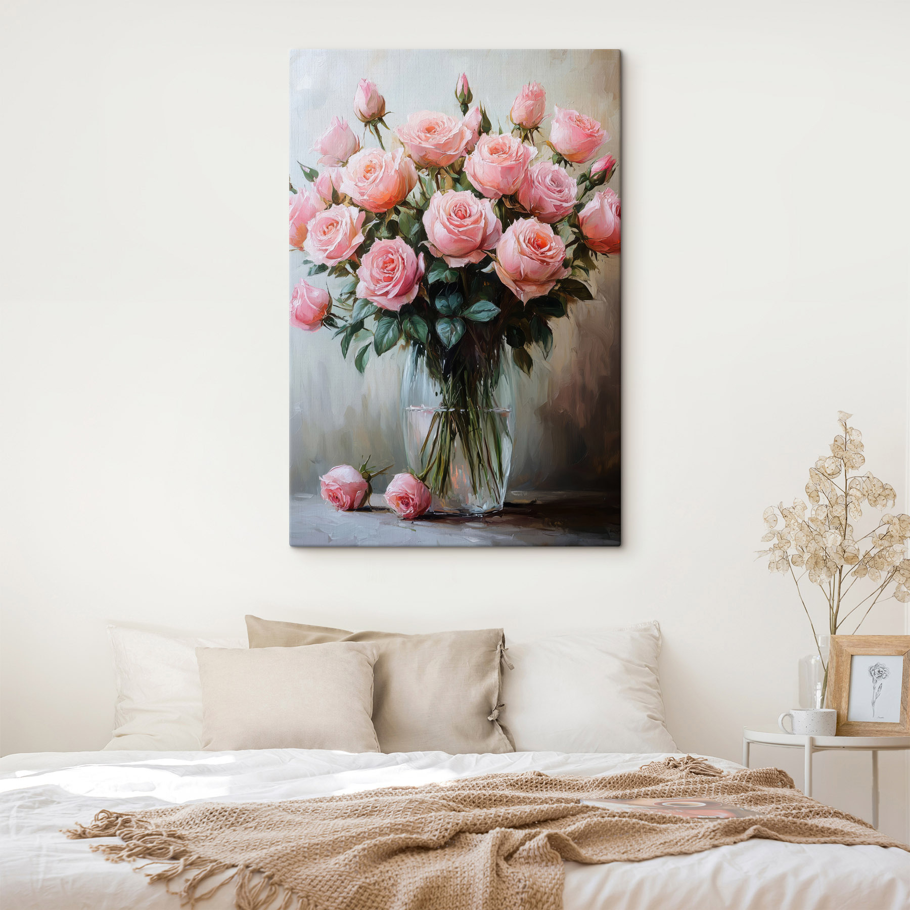 Painting of pink roses in a vase