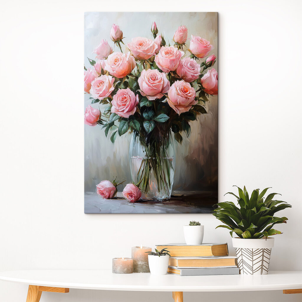 Painting of pink roses in a vase