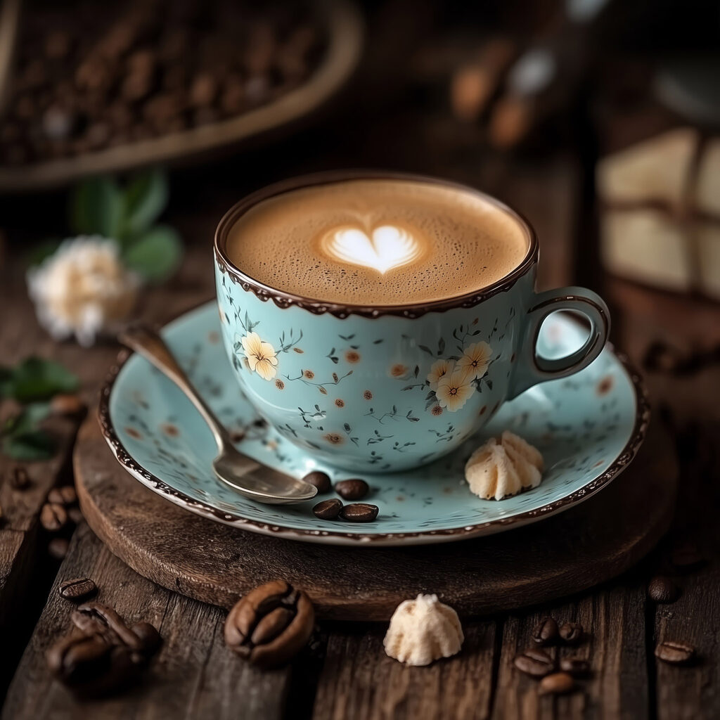 Cup of coffee with a heart shaped foam in the foam