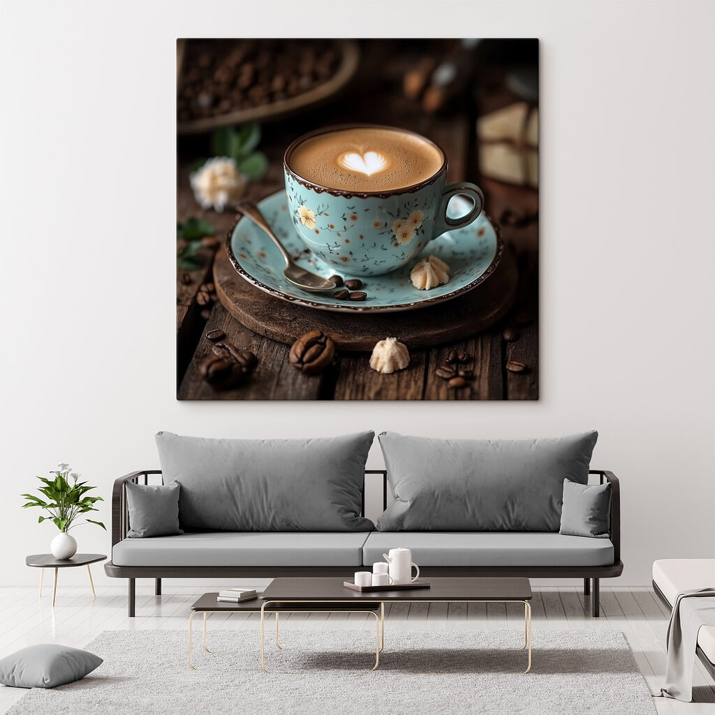 Cup of coffee with a heart shaped foam in the foam