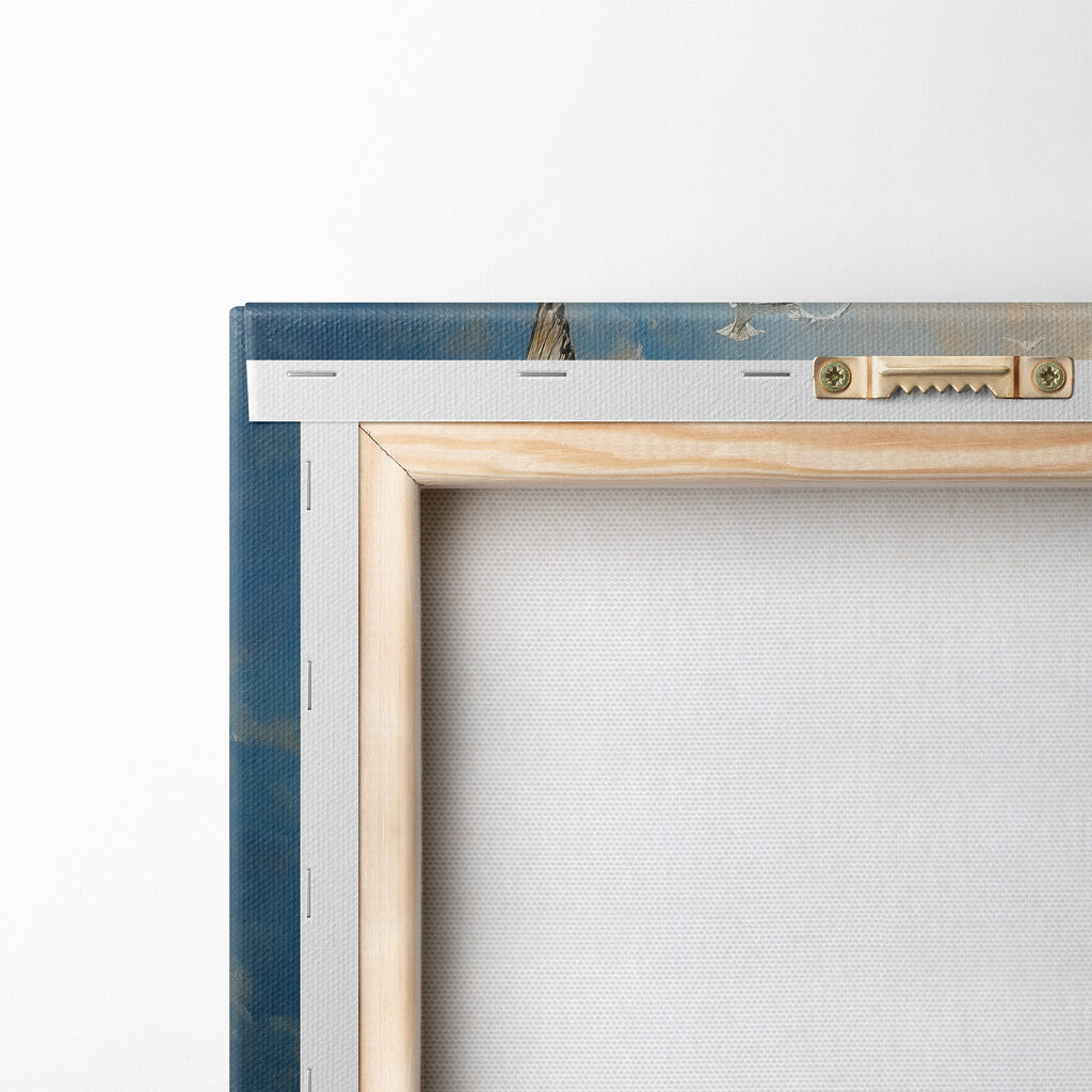 Painting of birds flying over a beach