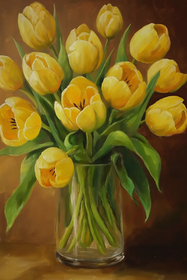 Obraz žlutých tulipánů ve skleněné váze Obraz žlutých tulipánů ve skleněné váze