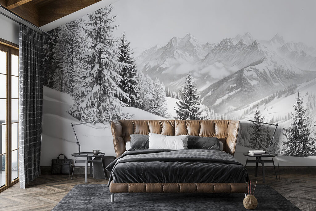 Snowy mountain with trees and mountains in the background Snowy mountain with trees and mountains in the background