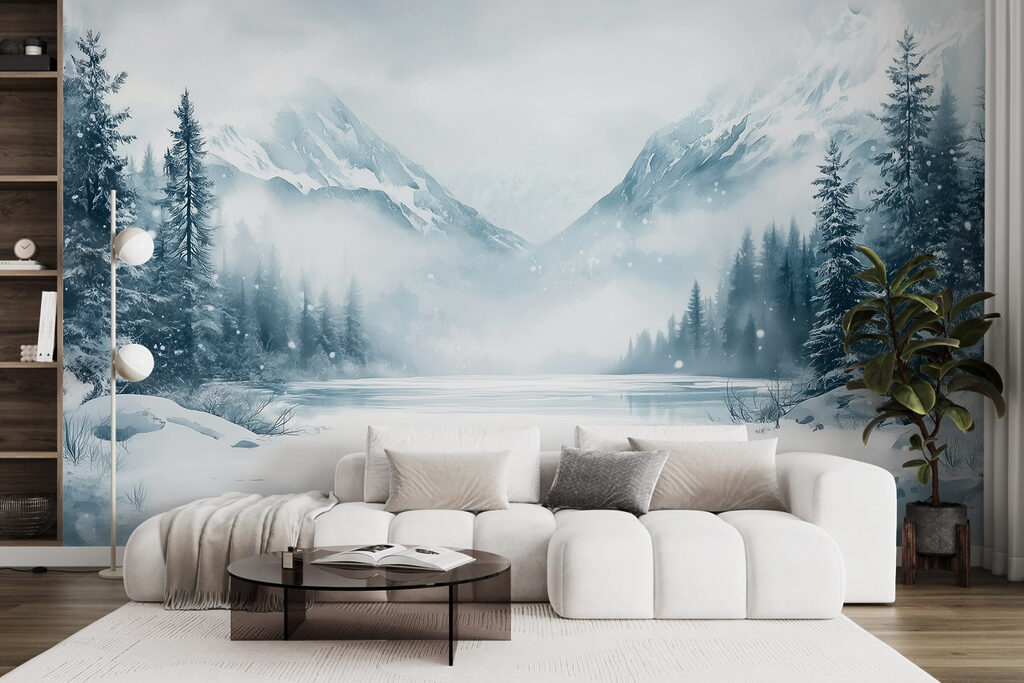 Snowy landscape with a lake and mountains