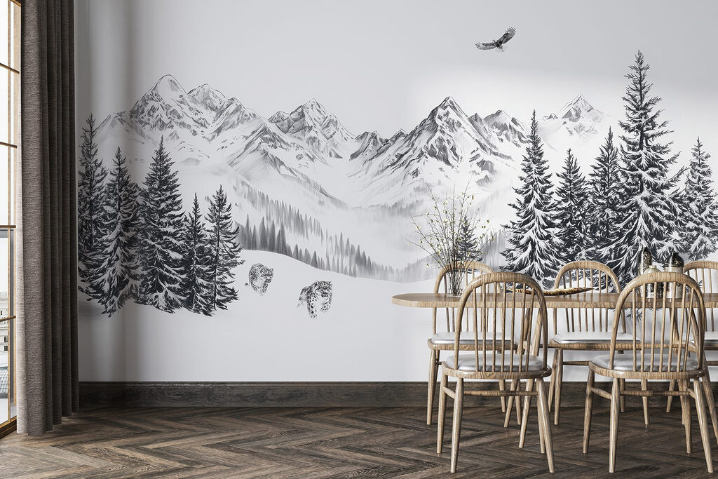 Snowy mountain landscape with trees and a bird flying over it Snowy mountain landscape with trees and a bird flying over it