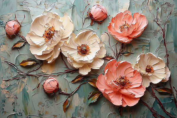 Painting of flowers on a blue surface