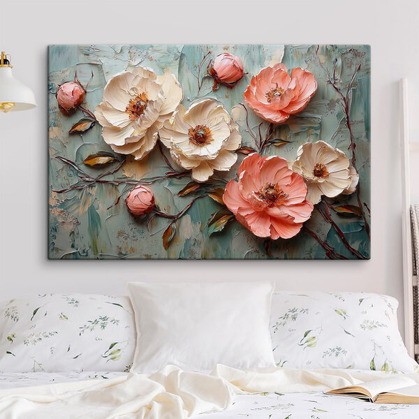 Painting of flowers on a blue surface