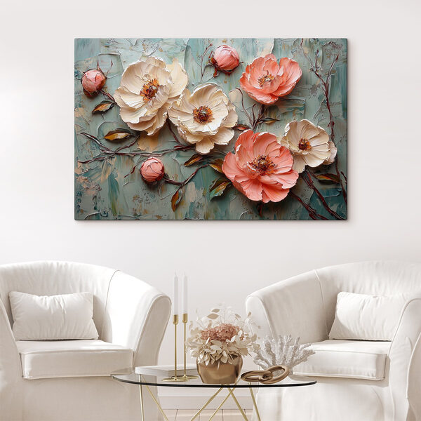 Painting of flowers on a blue surface