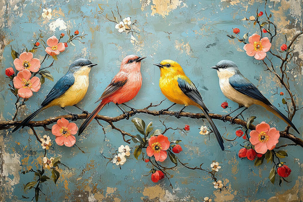 Group of birds on a branch with flowers
