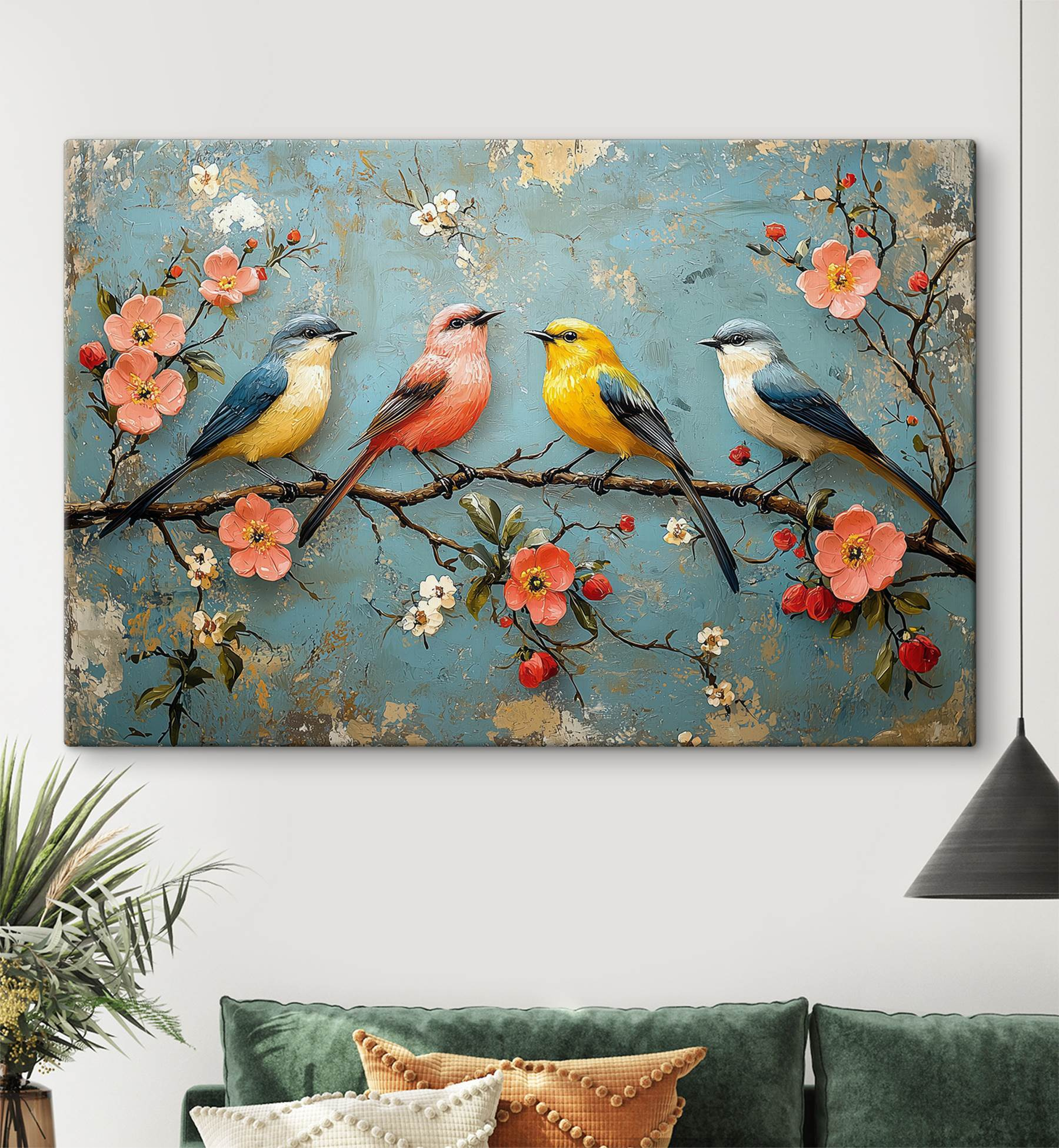 Group of birds on a branch with flowers