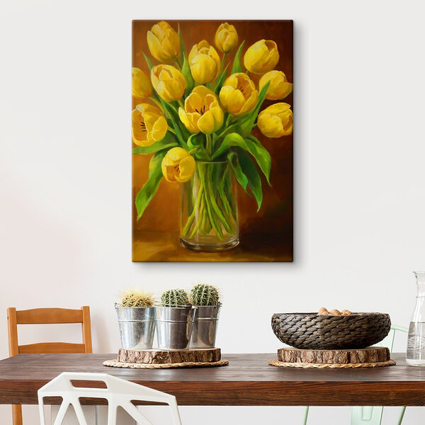 Obraz žlutých tulipánů ve skleněné váze Obraz žlutých tulipánů ve skleněné váze