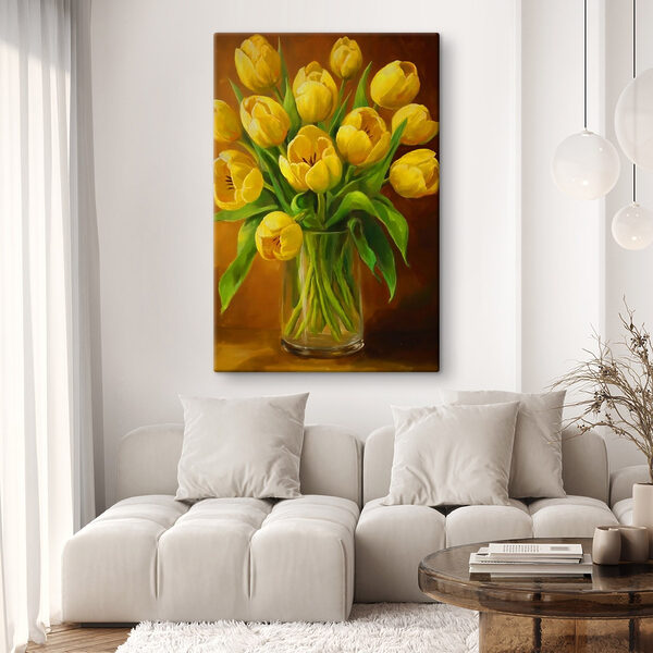 Obraz žlutých tulipánů ve skleněné váze Obraz žlutých tulipánů ve skleněné váze
