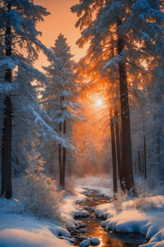 Snowy forest with trees and a stream
