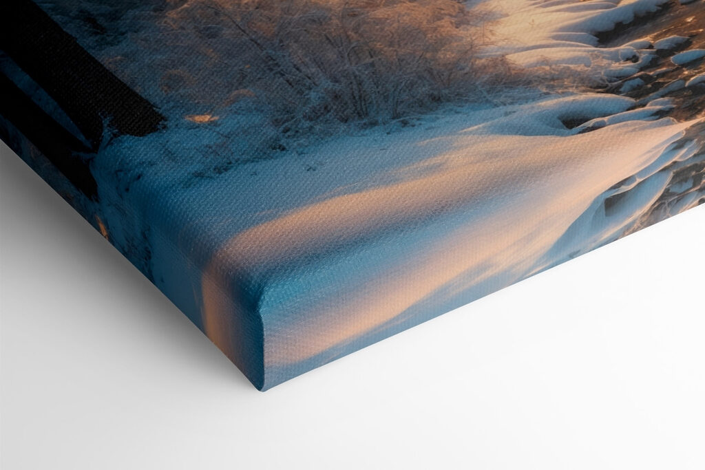 Snowy forest with trees and a stream