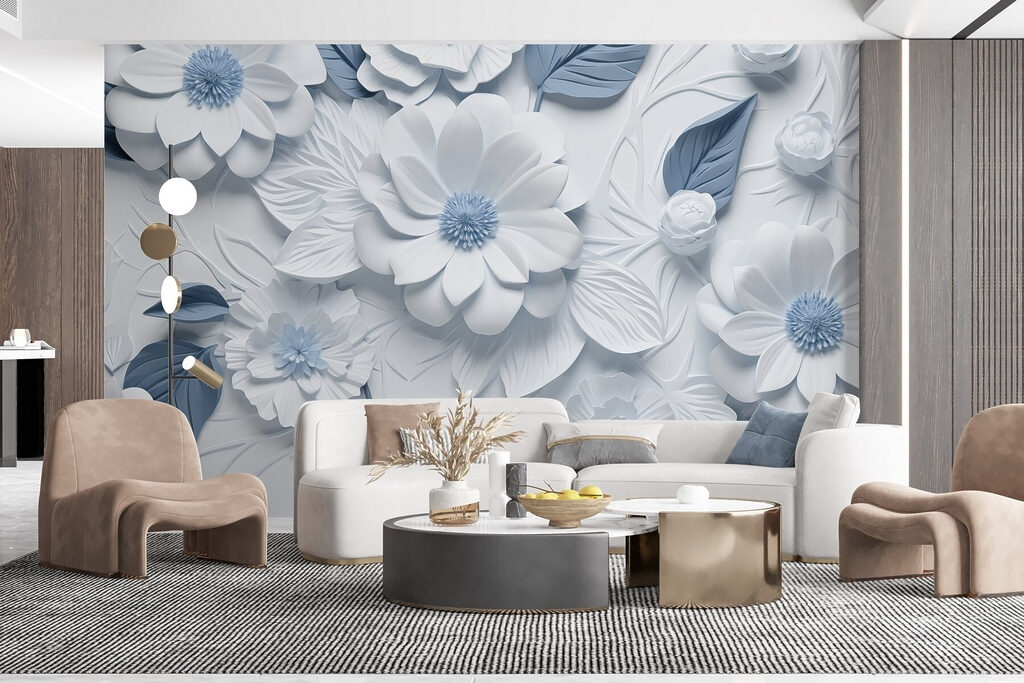 White and blue flowers and leaves