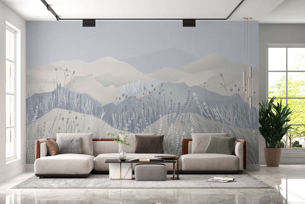 Painting of a landscape with mountains and grass