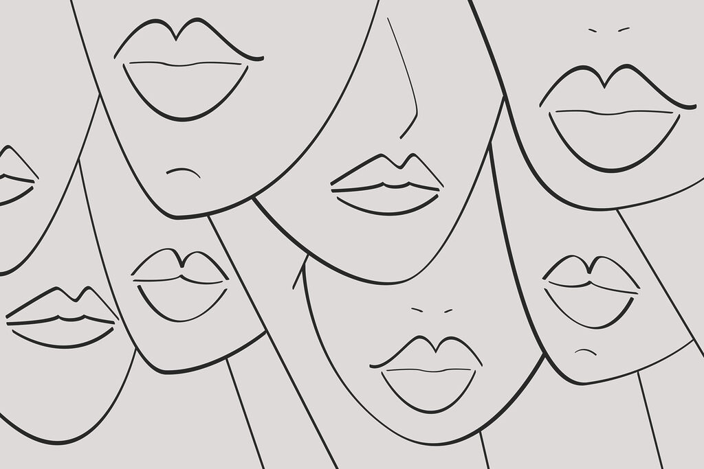 Group of faces with lips and lips drawn in black and white