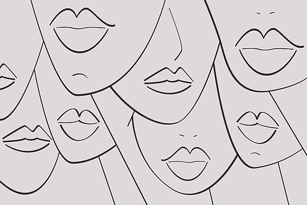Group of faces with lips and lips drawn in black and white