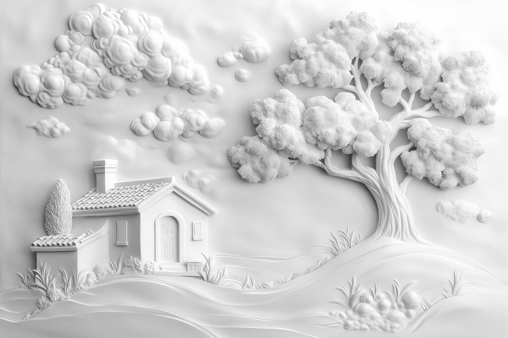 White wall art with a house and tree White wall art with a house and tree