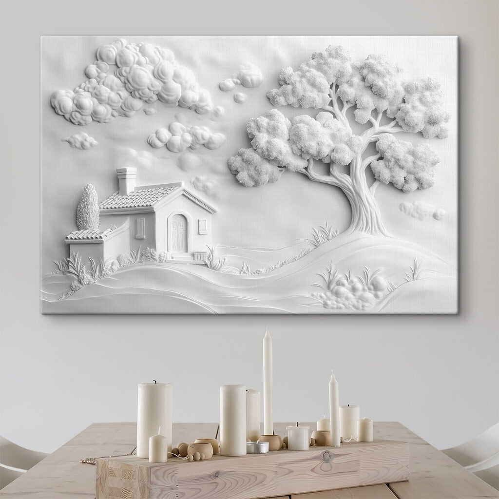 White wall art with a house and tree White wall art with a house and tree