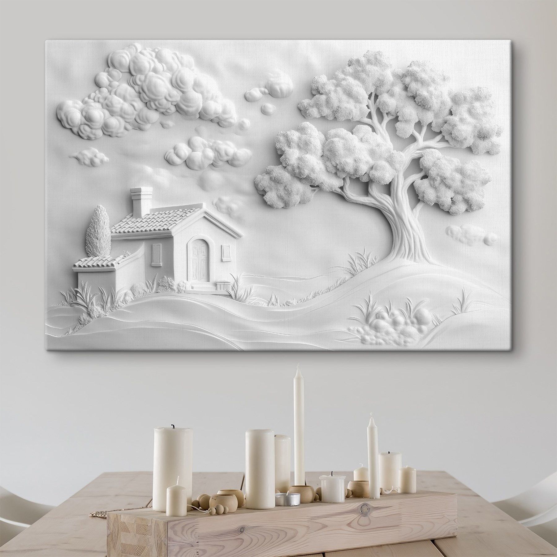 White wall art with a house and tree White wall art with a house and tree