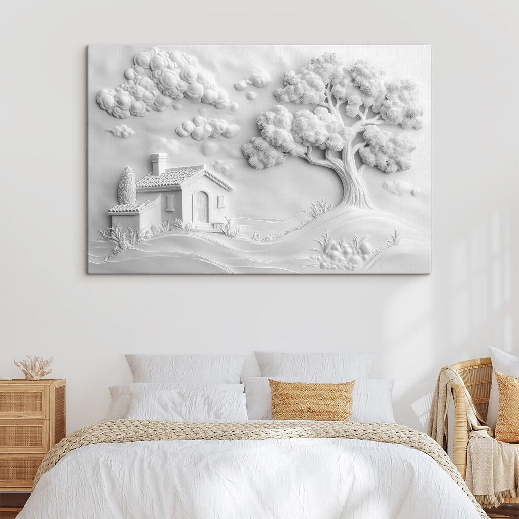 White wall art with a house and tree White wall art with a house and tree