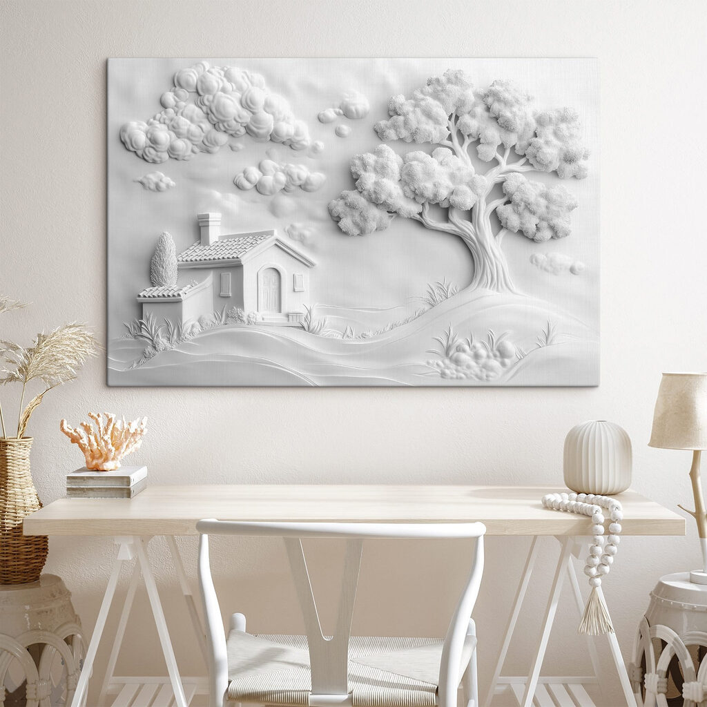 White wall art with a house and tree White wall art with a house and tree