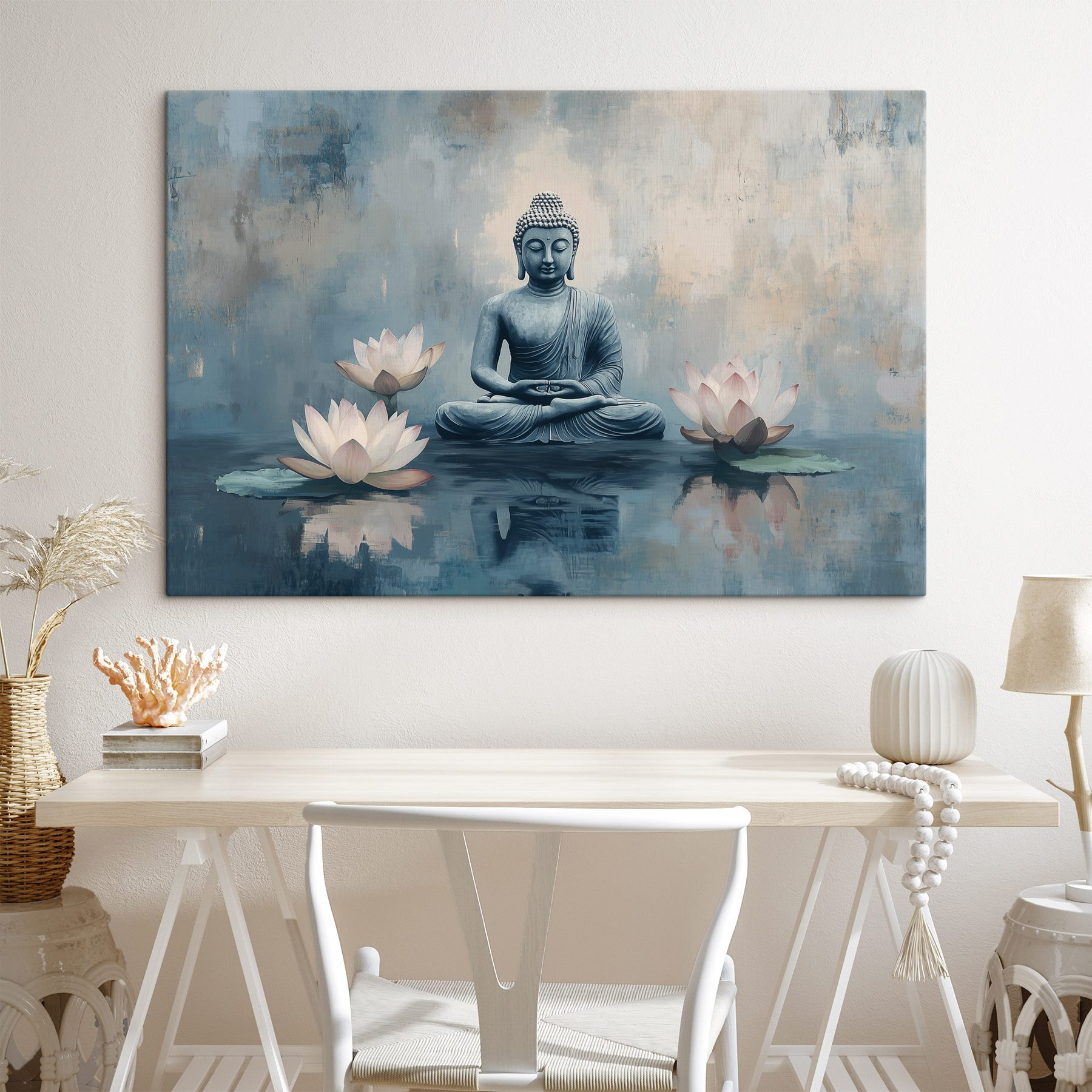 Statue of a buddha sitting in a lotus position surrounded by water