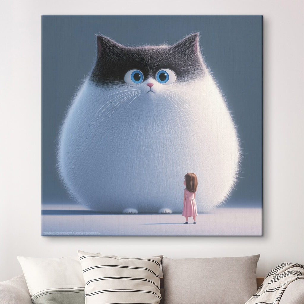 Cartoon of a cat looking at a little girl